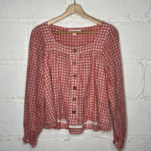 Emerson Fry Laurent Women's Blouse Pink Gingham Organic Cotton Peasant Top Small - Picture 2 of 8